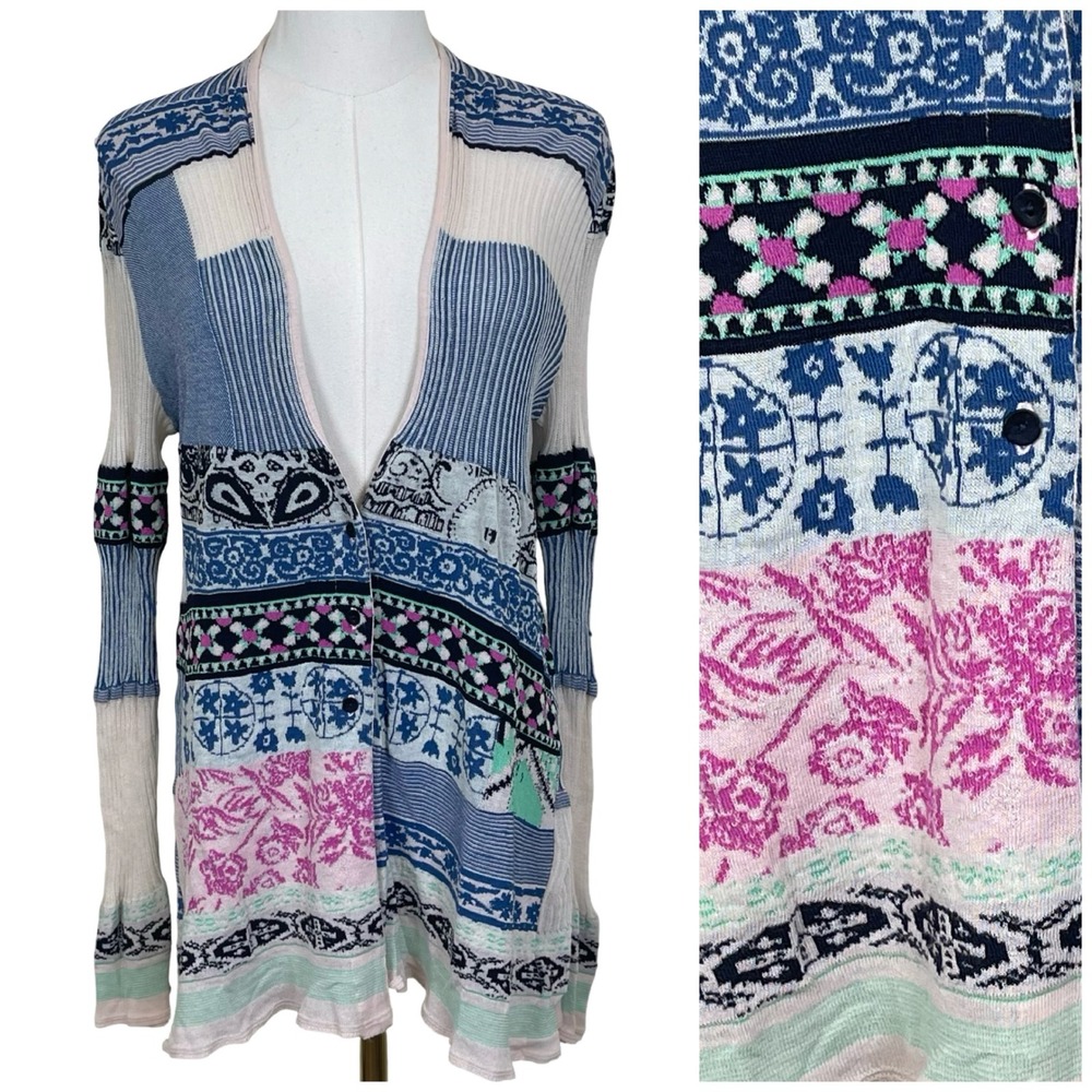 Aldomartins Patchwork Knit‎ Cardigan Women 10 Blue Pink Mixed Print Bamboo Boho